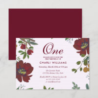 Tropical Burgundy Flower 1st Birthday Party Invite