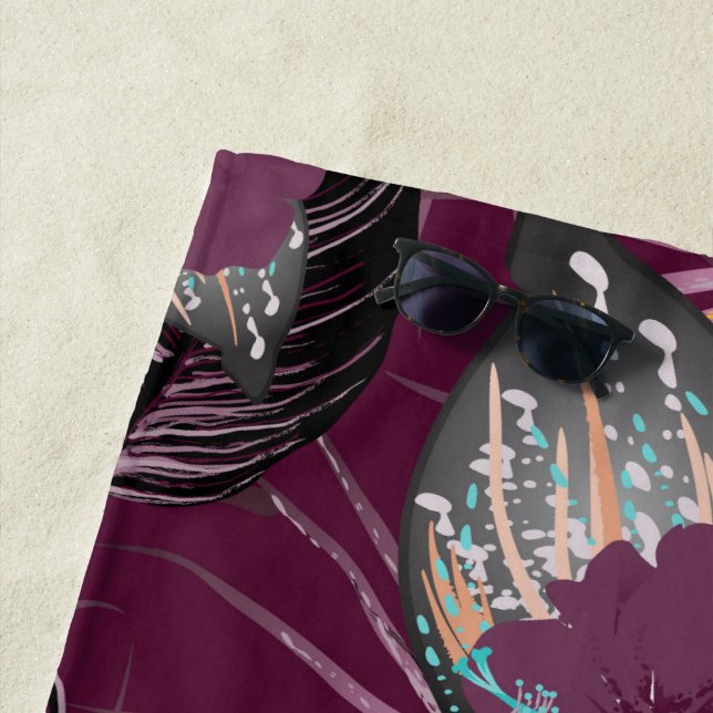 Tropical Burgundy Hibiscus Floral Beach Towel (In Situ)