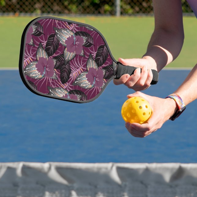 Tropical Burgundy Hibiscus Floral Pickleball Paddle (Insitu)