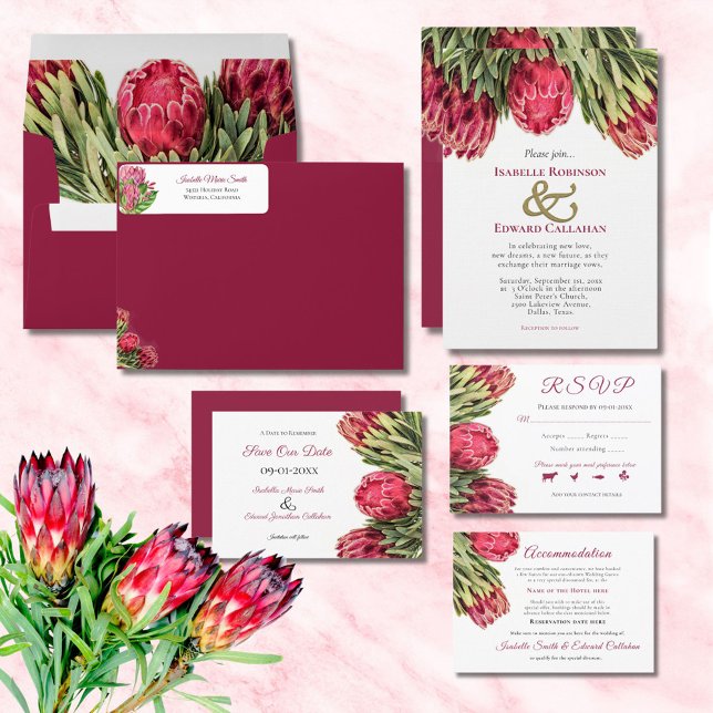 Tropical Burgundy Pink King Protea Floral Wedding Invitation (Creator Uploaded)