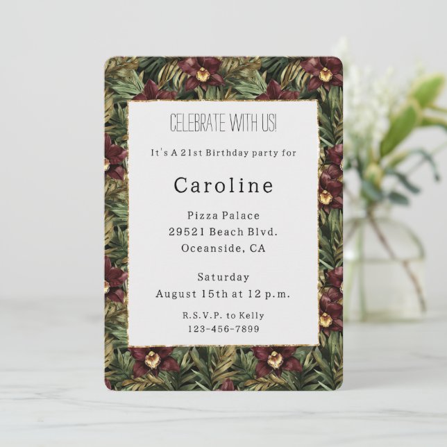 Tropical Burgundy Red Orchid Floral Birthday   Invitation (Standing Front)