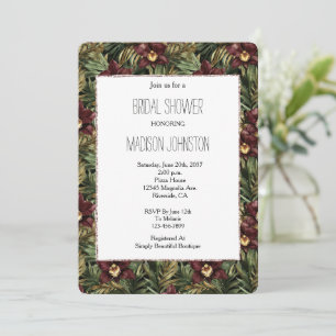 Tropical Burgundy Red Orchid Floral Bridal Shower Invitation