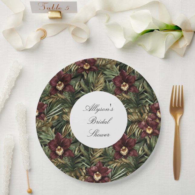 Tropical Burgundy Red Orchid Floral Bridal Shower Paper Plate (Wedding)