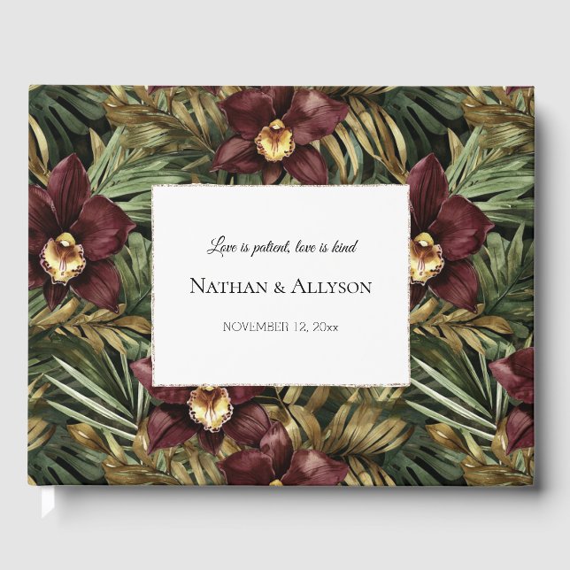 Tropical Burgundy Red Orchids Floral Wedding Guest Book (Front)