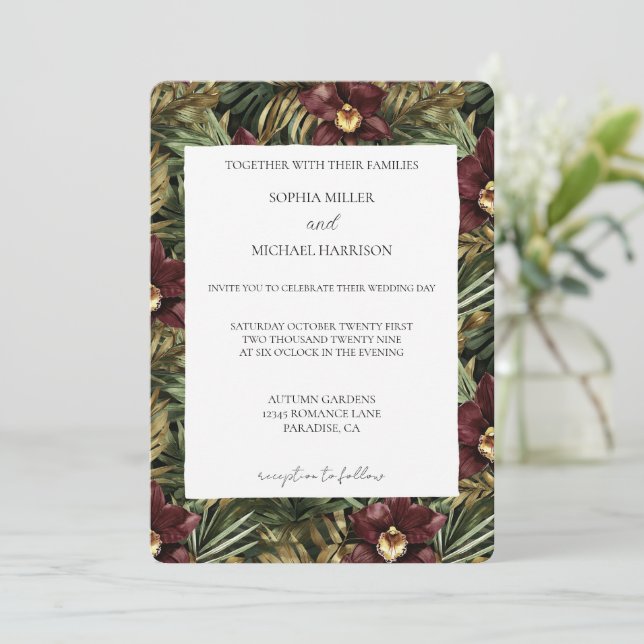 Tropical Burgundy Red Wine Orchid Floral Wedding Invitation (Standing Front)