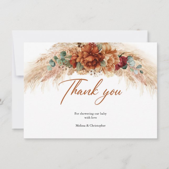 Tropical burnt orange pampas grass burgundy flower thank you card (Front)