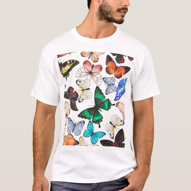 Tropical butterflies: colourful watercolor pattern T-Shirt (Front)