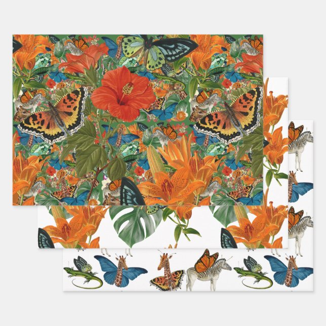 Tropical butterfly animals gift wrap set of 3  (Set)