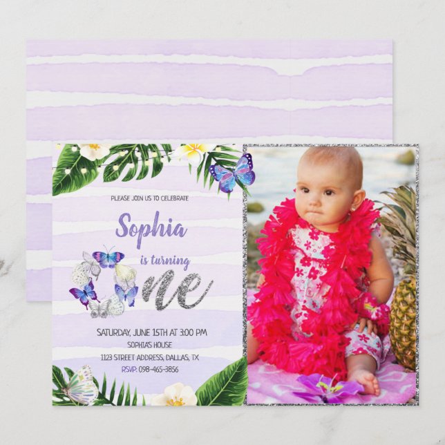 Tropical Butterfly Birthday Invitation With Photo (Front/Back)