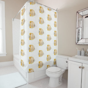 Tropical Butterfly Fish Orange and White Patterned Shower Curtain