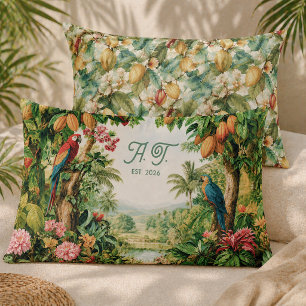 Tropical Cacao Parrots Flower Watercolor Monogram  Pillowcase