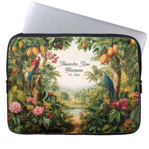 Tropical Cacao Parrots Flower Watercolor Name Est. Laptop Sleeve