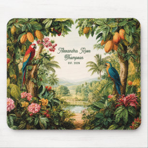 Tropical Cacao Parrots Flower Watercolor Name Est Mouse Mat