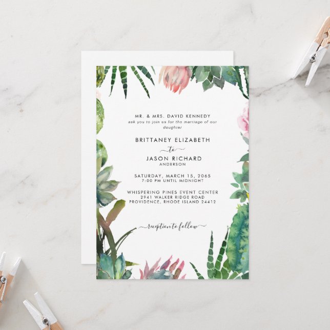 Tropical Cactus Bride Parents Listed Wedding Invitation (Front/Back In Situ)