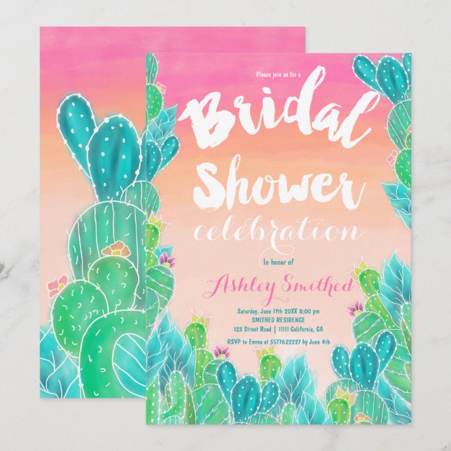 Tropical cactus watercolor bridal shower invitation (Front/Back)