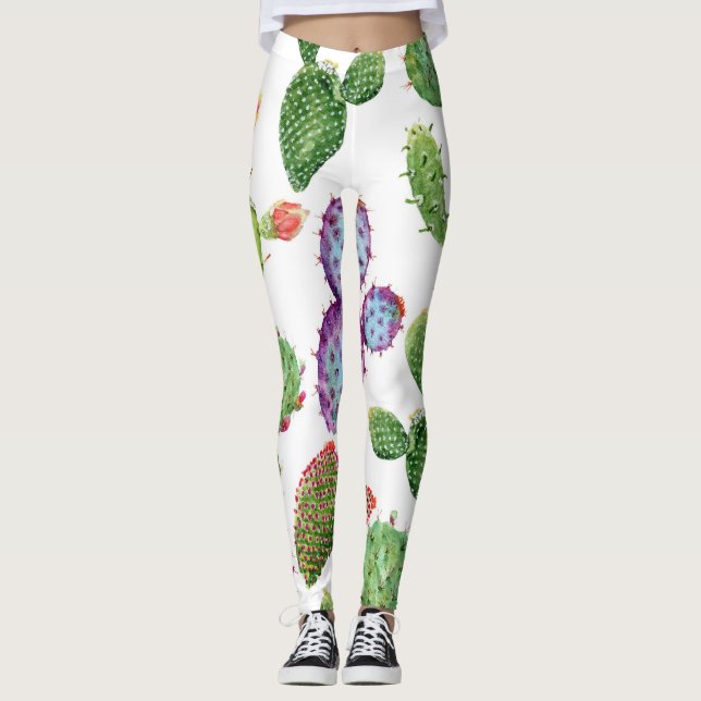 Tropical Cactus: Watercolor Seamless Pattern Leggings (Front)