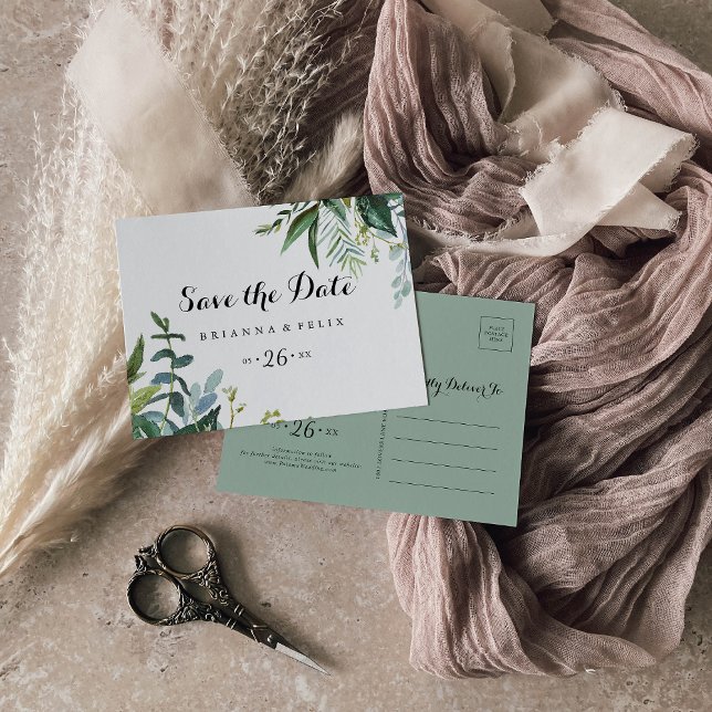 Tropical Calligraphy Horizontal Save the Date Postcard (Creator Uploaded)