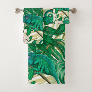 Tropical Camellias & Chameleons Bath Towel Set