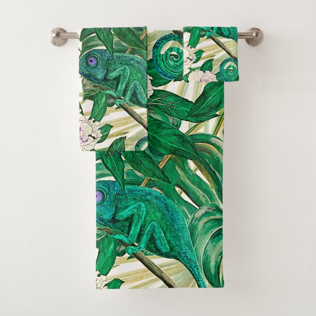 Tropical Camellias & Chameleons Bath Towel Set (Insitu)
