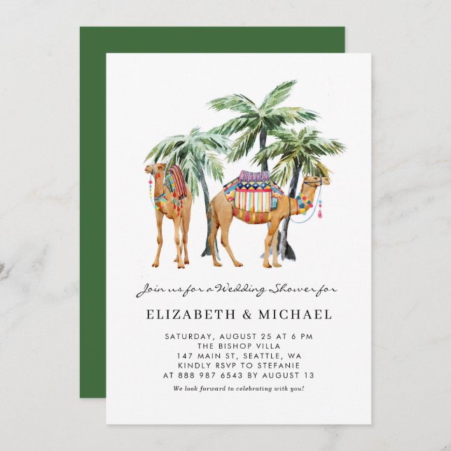 Tropical Camels Palm Trees Desert Wedding Shower Invitation (Front/Back)