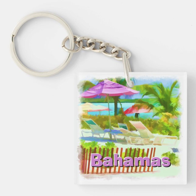 Tropical Caribbean Island Beach Scene - Painterly  Key Ring (Front)