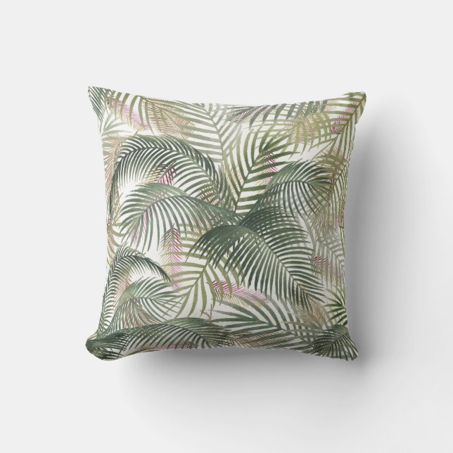 Tropical Caribbean Palm Leaves Watercolor Cushion (Front)