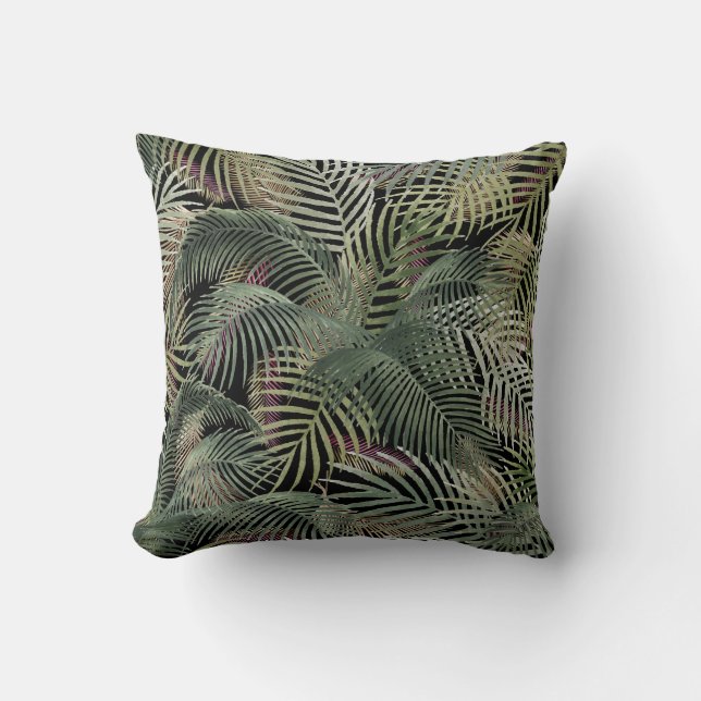 Tropical Caribbean Palm Leaves Watercolor on black Cushion (Front)