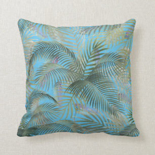 Tropical Caribbean Palm Leaves Watercolor on blue Cushion