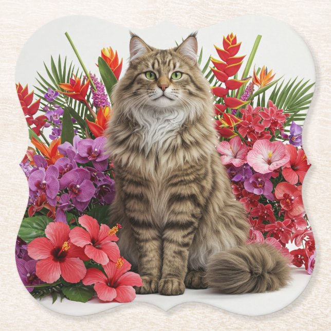 Tropical Cat Floral Bracket Coasters Design. (Front)