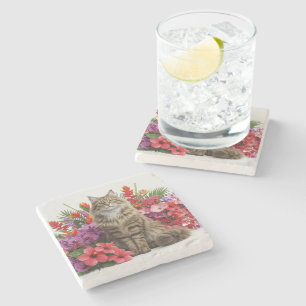 Tropical Cat Marble Stone Coaster Design.