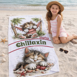 Tropical Cat Paradise with Relaxed Coastal Charm Beach Towel