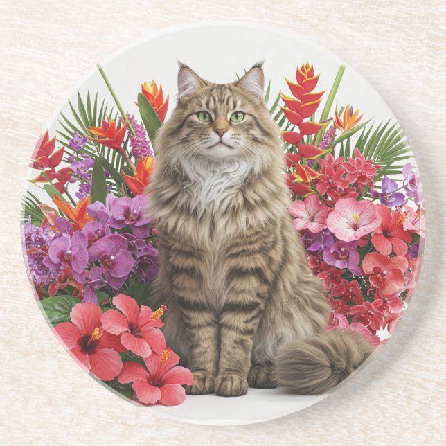 Tropical Cat Sandstone Drink Coaster Design. (Front)