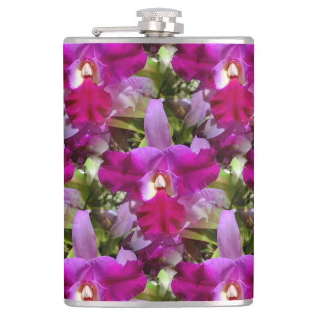 Tropical Cattleya Orchid Flower Hip Flask (Front)
