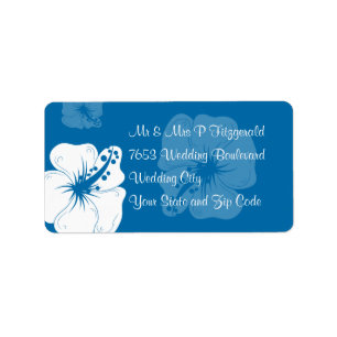 Tropical Cerulean Blue and White Hibiscus Wedding Label