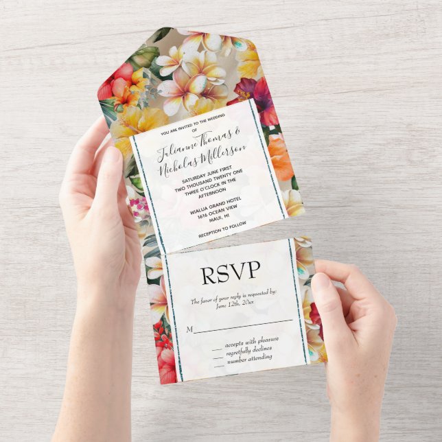 Tropical Champagne Hibiscus Floral Wedding All In One Invitation (Tearaway)