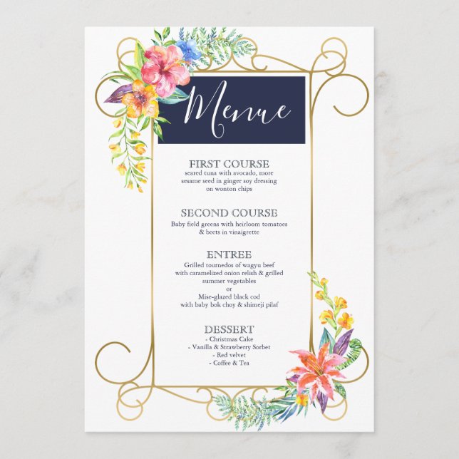 Tropical Cheer Colourful Flowers Gold Frame Menu (Front)