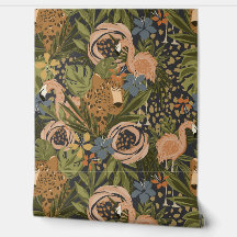 Tropical Cheetah and Flamingo Floral Wallpaper