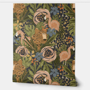 Tropical Cheetah and Flamingo Floral Wallpaper
