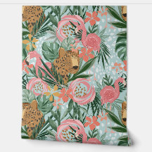 Tropical Cheetah and Flamingo Floral Wallpaper
