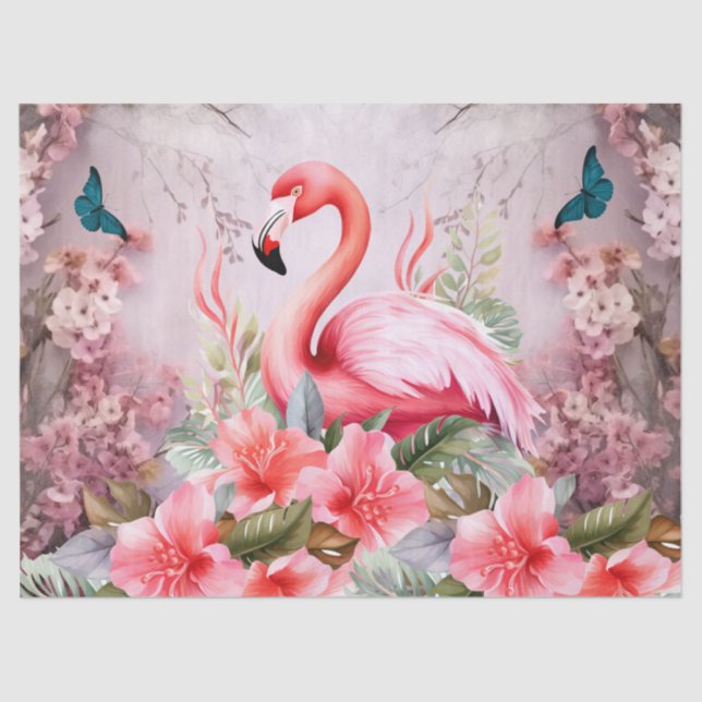 Tropical Cherry Blossom & Pink Flamingos Decoupage Tissue Paper (Front)