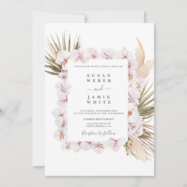 Tropical chic blush pink orchids wedding invitation (Front)