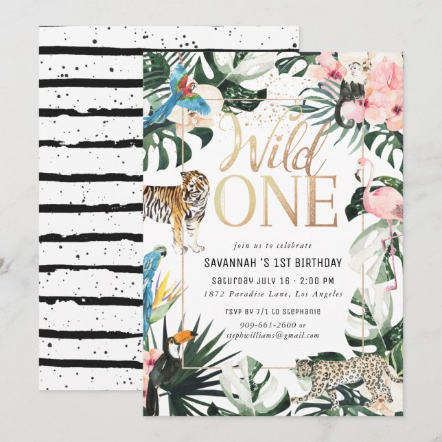 Tropical Chic | Gold Wild One Birthday Party Invitation (Front/Back)