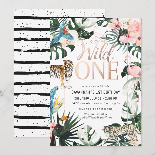 Tropical Chic | Pink Wild One Birthday Party Invitation (Front/Back)
