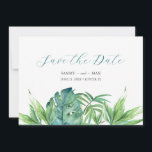 Tropical Chic Watercolor Greenery Save the Date<br><div class="desc">Announce your engagement with my tropical chic boho save our date invitations featuring Save the Date in a trendy script typography style. This simple card features hand painted watercolor green palm and monster leaves with your names, wedding date and wedding location. Cards reverse to complimentary emerald green colour. Perfect for...</div>