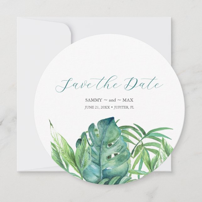 Tropical Chic Watercolor Greenery Save the Date (Front)