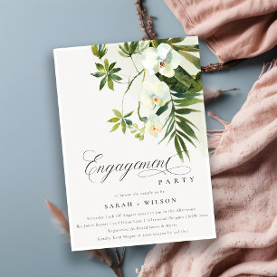 Tropical Chic White Orchid Palm Fauna Engagement Invitation