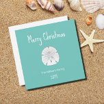 Tropical Christmas Beach Sand Dollar Teal Holiday Card<br><div class="desc">Tropical Beach Christmas teal green greeting card,  with a sand dollar and white typography design,  With customizable lettering,  you can add your own Information. Great for sending well wishes to loved ones this holiday season.</div>