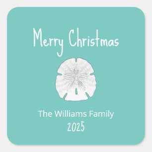 Tropical Christmas Beach Sand Dollar Teal  Square Sticker
