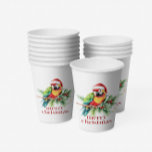 Tropical Christmas Bird Retro Merry Christmas Paper Cups<br><div class="desc">This tropical theme Christmas paper cup design features a tropical bird with a Santa hat holiday greenery and red retro Merry Christmas typography.
Get cosy this holiday season with this mug full of your favourite beverage.</div>