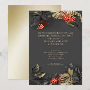 Tropical Christmas Black Gold Crimson Foliage Invitation